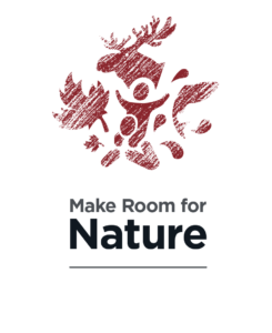 Red logo of person carrying child on their shoulders, with maple leaf, moose, and salmon in background